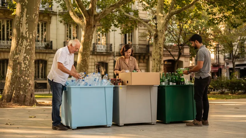 Drei Menschen sortieren an einem argentinischen Stadtplatz unter Platanen Plastikflaschen, Karton und Glas.