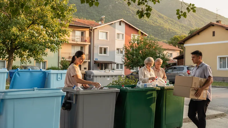 Menschen sortieren in einer bulgarischen Stadt vor Bergen Plastikflaschen und Karton in farbige Behälter.