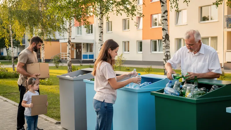 Eine Familie und ein älterer Mann werfen in einem belarussischen Wohnviertel Plastikflaschen, Glas und Karton in getrennte Behälter.