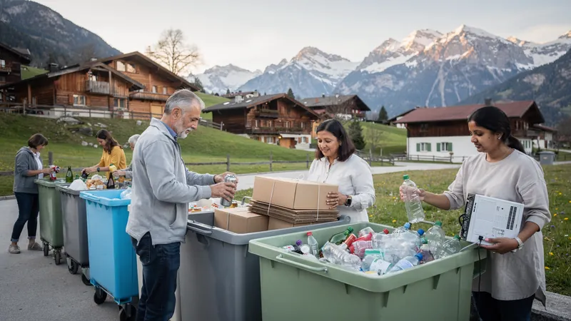 Menschen sortieren an einer Schweizer Sammelstelle Dosen, gebündelten Karton und PET-Flaschen, Chalets und Schneeberge im Hintergrund.