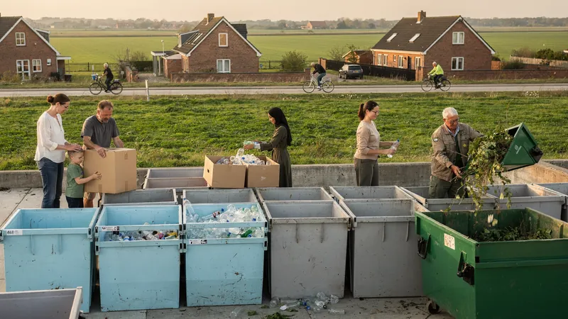 Menschen geben an einem dänischen Recyclingplatz Karton, Flaschen und Grünschnitt ab, flaches Land und Radfahrer im Hintergrund.
