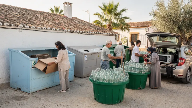 Menschen geben an einer Wertstoffsammelstelle in einem spanischen Ort Karton, Glas und ein altes Mikrowellengerät ab, weiße Häuser und Palmen im Hintergrund.