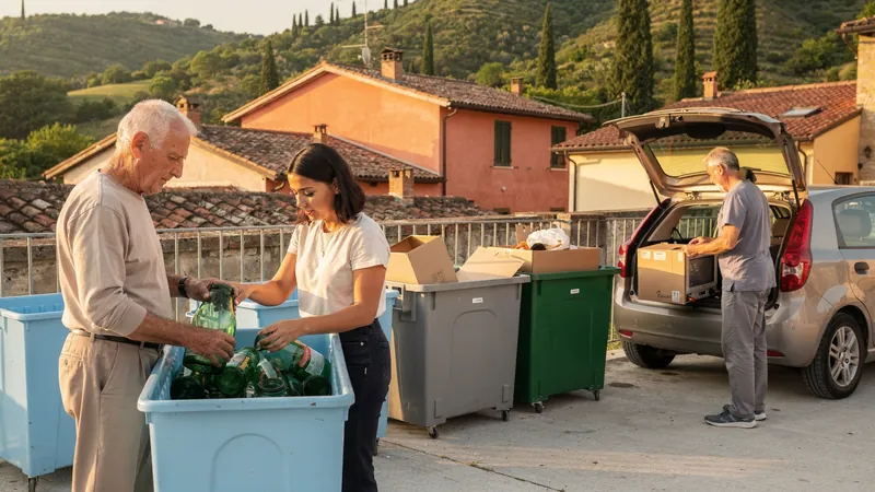 Ein älterer Mann und eine junge Frau werfen Glas in einen Container, ein Mann lädt Karton aus, italienische Häuser und Zypressen dahinter.