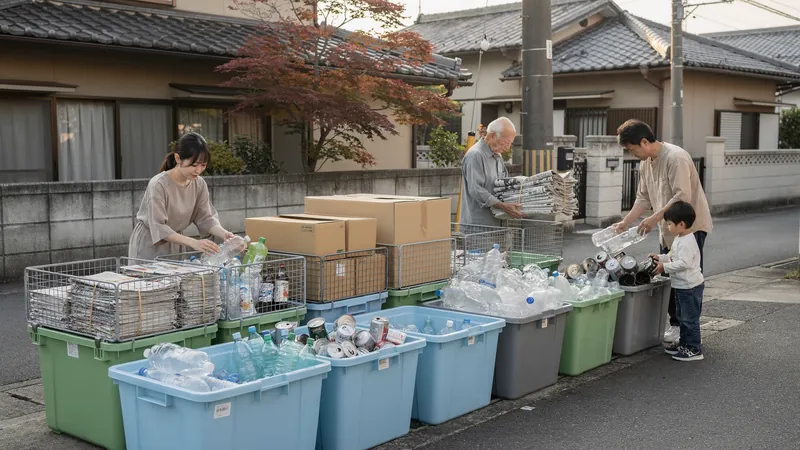An einer ordentlichen japanischen Sammelstelle mit vielen Fraktionen sortieren Anwohner Zeitungen, Dosen und PET-Flaschen.