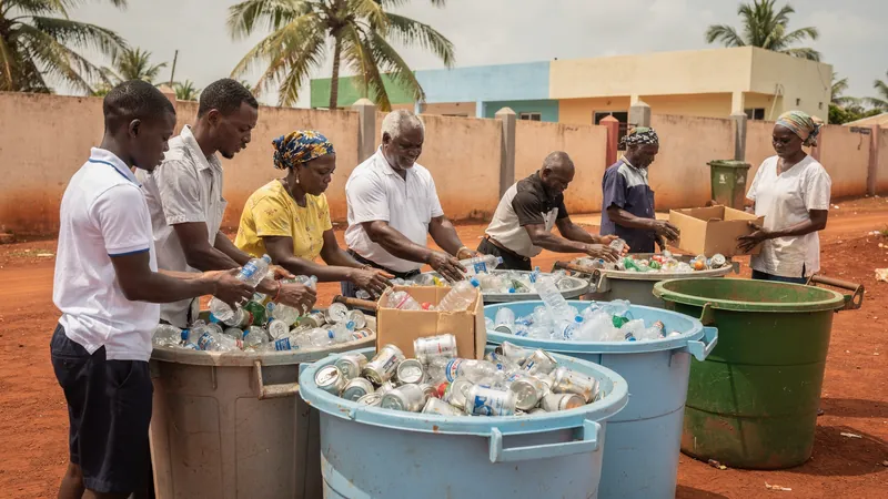 Frauen und Männer verschiedenen Alters sortieren an einer Sammelstelle in Liberia Plastikflaschen und Dosen, Palmen im Hintergrund.