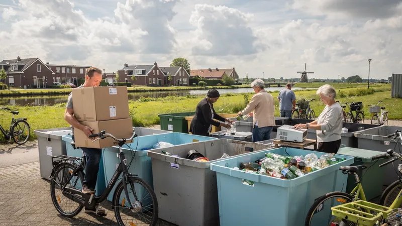Menschen bringen Kartons, Glas und ein Elektrogerät zu einer niederländischen Sammelstelle mit Fahrrädern, Kanal und Windmühle im Hintergrund.