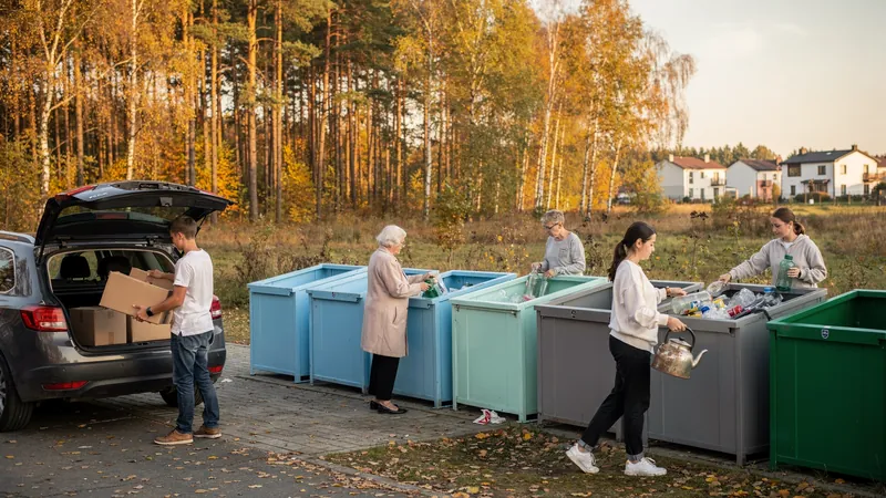 Menschen bringen an einer polnischen Sammelstelle am Waldrand Karton, Glas und einen alten Wasserkocher, Herbstlaub ringsum.