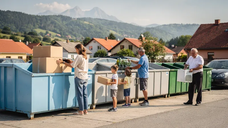 Eine Familie und ein älterer Mann geben in einer slowakischen Kleinstadt vor Bergen Karton, Glas und ein Elektrogerät ab.