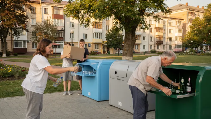Menschen in einem ukrainischen Stadtpark werfen Plastikflaschen, Glas und Karton in getrennte Sammelbehälter.