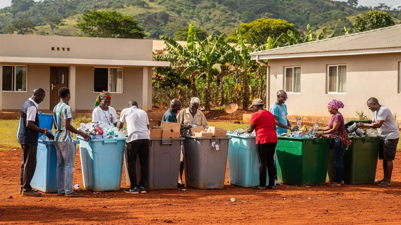 Menschen jeden Alters sortieren an einer Sammelstelle in Uganda Plastikflaschen, Karton und Metall in Behälter, grüne Hügel im Hintergrund.